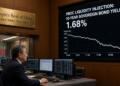 Operador en People's Bank of China observa una pantalla con el rendimiento al 1.68%.