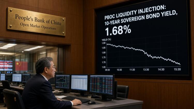 Operador en People's Bank of China observa una pantalla con el rendimiento al 1.68%.