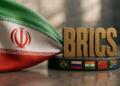Bandera de Irán junto al logotipo dorado de la alianza BRICS