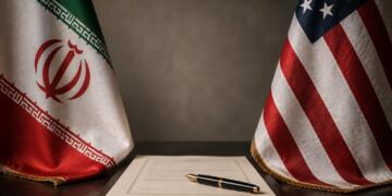 Banderas de Irán y Estados Unidos junto a un tratado sin firmar.