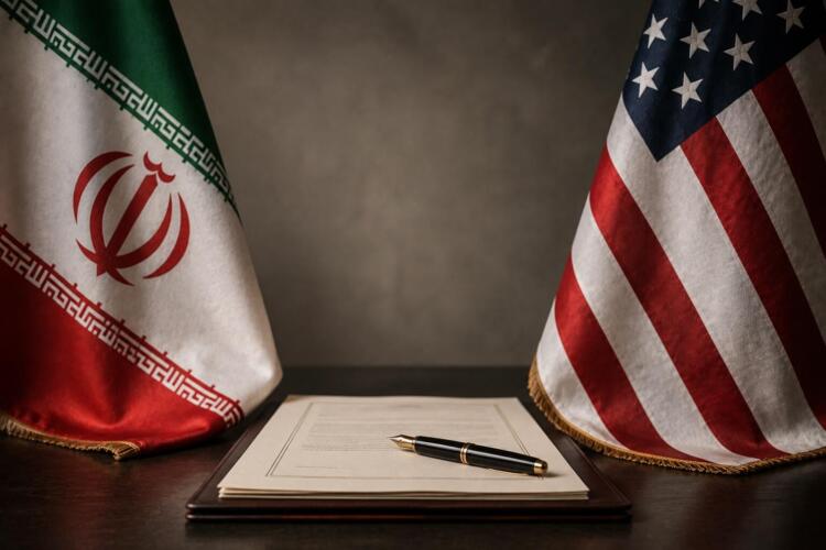 Banderas de Irán y Estados Unidos junto a un tratado sin firmar.