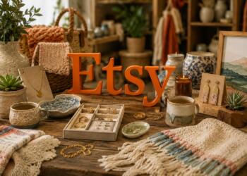 Logotipo de Etsy rodeado de productos artesanales del marketplace.
