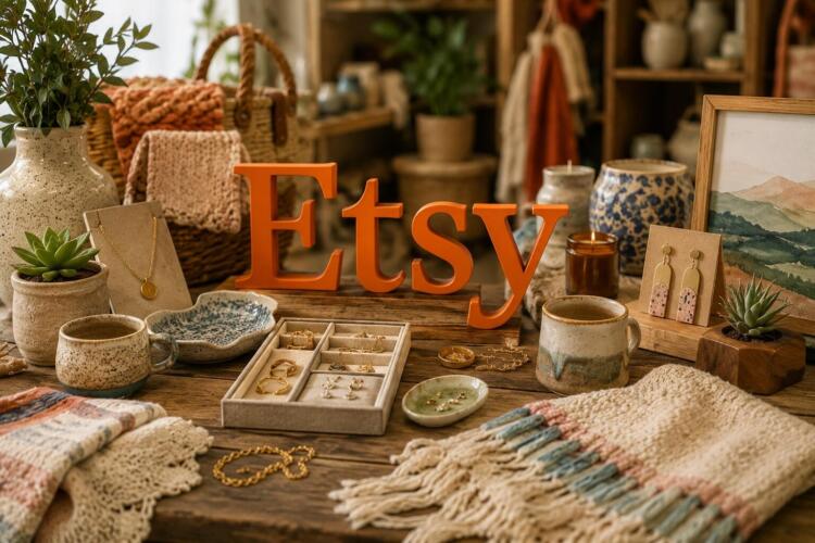 Logotipo de Etsy rodeado de productos artesanales del marketplace.