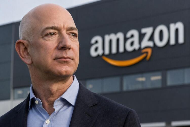 Jeff Bezos frente al logotipo de Amazon en sede corporativa.