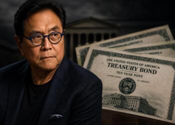 obert Kiyosaki junto a certificados de bonos del Tesoro de EE.UU.