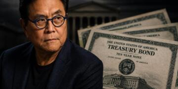 obert Kiyosaki junto a certificados de bonos del Tesoro de EE.UU.