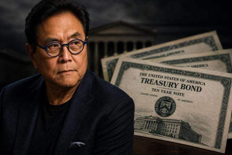 obert Kiyosaki junto a certificados de bonos del Tesoro de EE.UU.