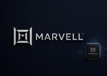 Logo de Marvell junto a un chip semiconductor en fondo tecnológico.