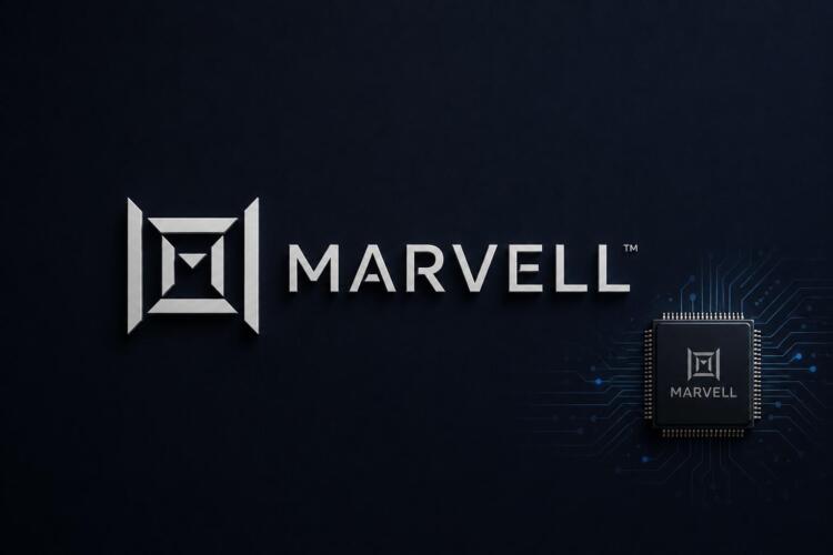 Logo de Marvell junto a un chip semiconductor en fondo tecnológico.