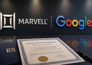 Logotipos de Marvell y Google junto a un acuerdo de acciones.