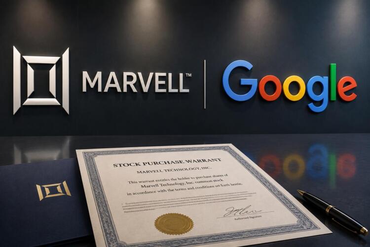 Logotipos de Marvell y Google junto a un acuerdo de acciones.