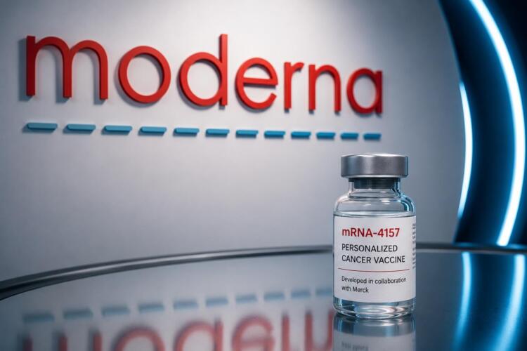 Vacuna contra el cáncer junto al logotipo de Moderna y Merck.