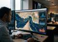 Operador analiza mapas y métricas de volatilidad de crudo Brent en pantallas múltiples.