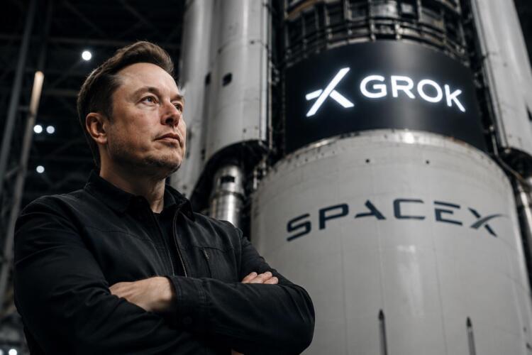 Elon Musk frente a un cohete de SpaceX con el logotipo de Grok.