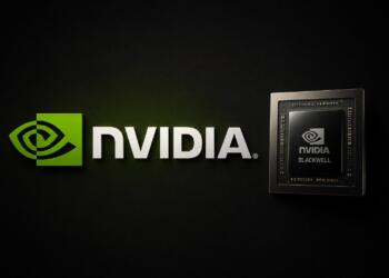 Logo de Nvidia junto a un chip Blackwell sobre fondo tecnológico.