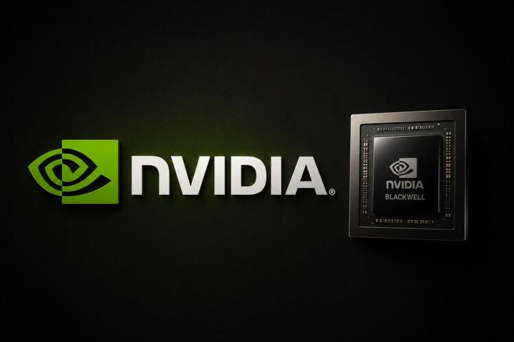 Logo de Nvidia junto a un chip Blackwell sobre fondo tecnológico.