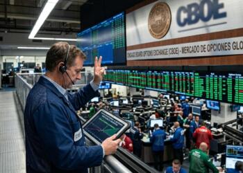Operador de la CBOE con diadema sostiene una tablet con gráficos en la bolsa de opciones.