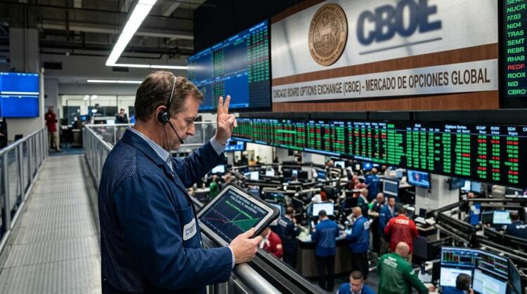Operador de la CBOE con diadema sostiene una tablet con gráficos en la bolsa de opciones.