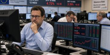 Operadores financieros revisan datos de bonos BTP y OAT en pantallas de una sala de control.