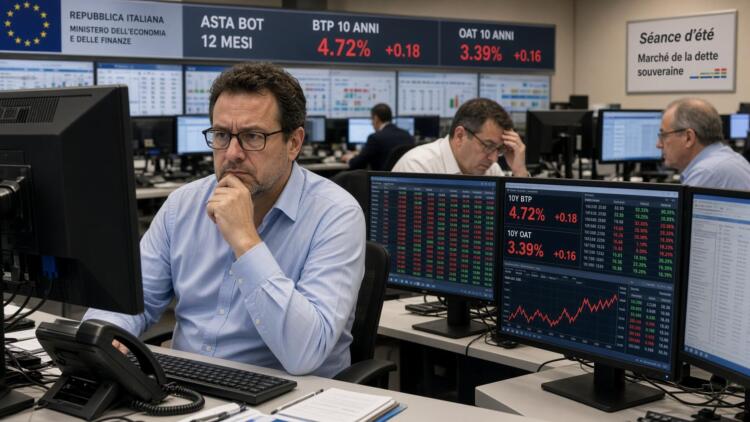 Operadores financieros revisan datos de bonos BTP y OAT en pantallas de una sala de control.
