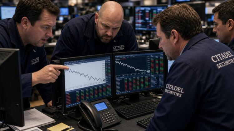 Cuatro operadores de Citadel Securities revisan gráficos de mercado en varias pantallas.