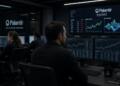 Operadores trabajando frente a monitores y pantallas con analítica predictiva de Palantir.