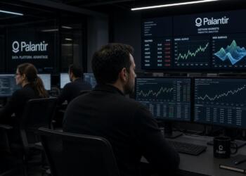 Operadores trabajando frente a monitores y pantallas con analítica predictiva de Palantir.