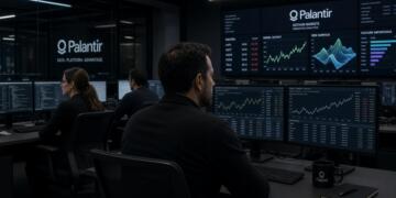 Operadores trabajando frente a monitores y pantallas con analítica predictiva de Palantir.
