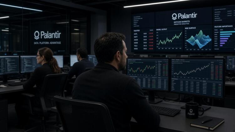 Operadores trabajando frente a monitores y pantallas con analítica predictiva de Palantir.