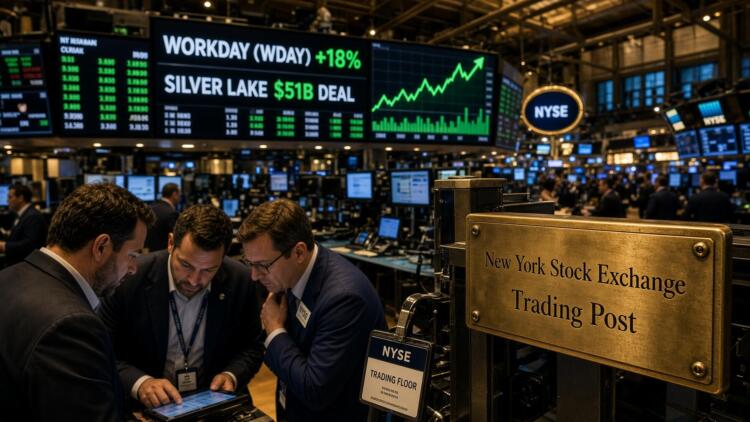 Tres hombres revisan datos frente a una pantalla del NYSE que anuncia un acuerdo de 51B.