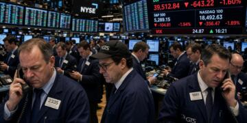 Operadores financieros trabajan por teléfono en el piso de remates de la bolsa de Nueva York.