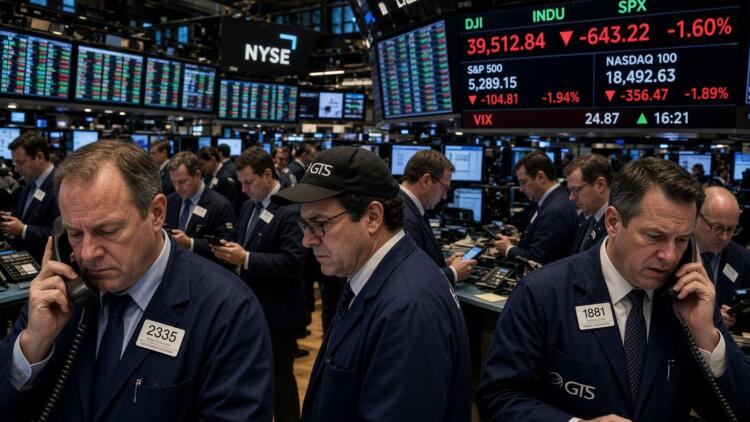 Operadores financieros trabajan por teléfono en el piso de remates de la bolsa de Nueva York.