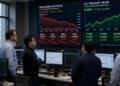 Grupo de hombres observa pantallas gigantes con datos sobre acciones de semiconductores.