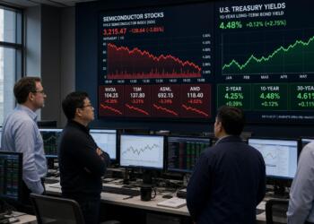Grupo de hombres observa pantallas gigantes con datos sobre acciones de semiconductores.