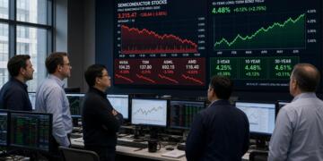 Grupo de hombres observa pantallas gigantes con datos sobre acciones de semiconductores.