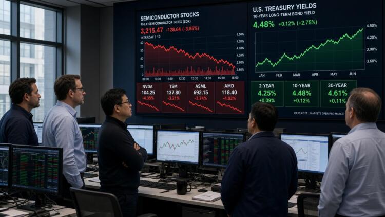Grupo de hombres observa pantallas gigantes con datos sobre acciones de semiconductores.