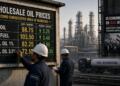 Trabajadores con casco actualizan precios de combustible en una pizarra frente a una refinería.
