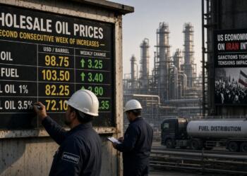 Trabajadores con casco actualizan precios de combustible en una pizarra frente a una refinería.