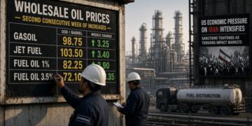 Trabajadores con casco actualizan precios de combustible en una pizarra frente a una refinería.