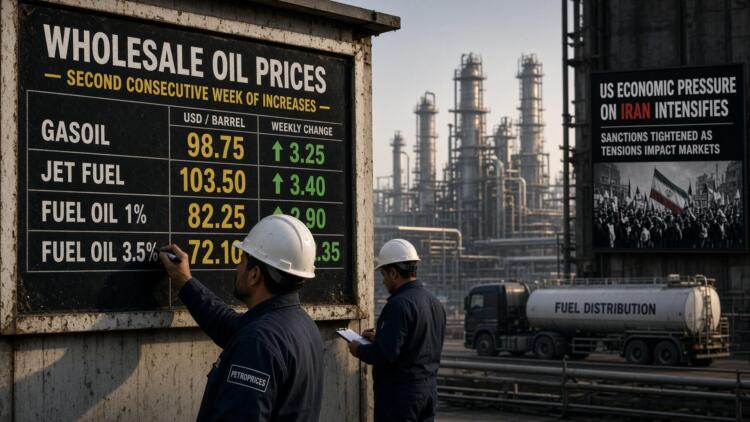Trabajadores con casco actualizan precios de combustible en una pizarra frente a una refinería.