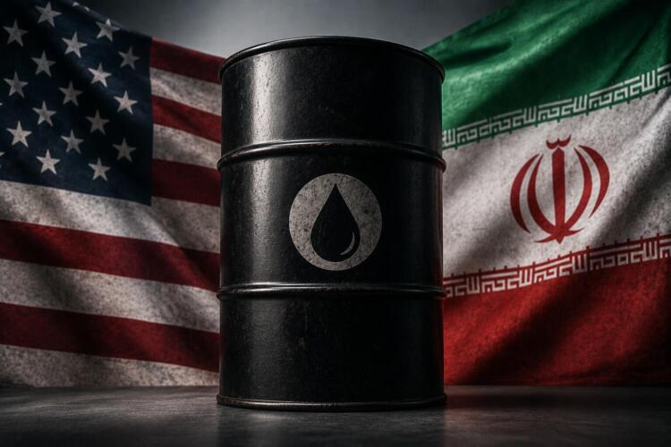 Barril de petróleo frente a las banderas de Estados Unidos e Irán.