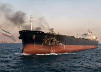Petrolero con daños visibles y referencia a Irán en el fondo.