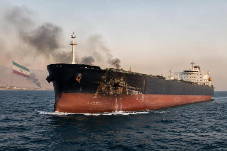 Petrolero con daños visibles y referencia a Irán en el fondo.