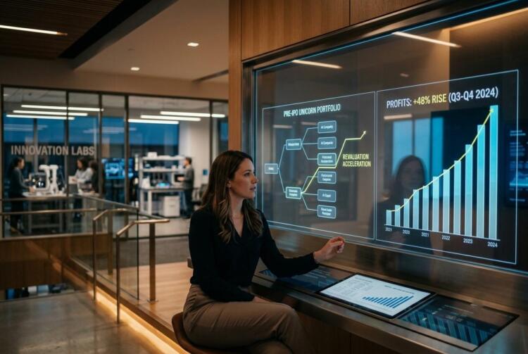 Mujer interactúa con una pantalla transparente con gráficos de ganancias de unicornios pre-IPO.