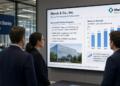 Tres profesionales observan una pantalla de Morgan Stanley con métricas financieras de Merck.