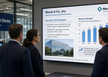 Tres profesionales observan una pantalla de Morgan Stanley con métricas financieras de Merck.