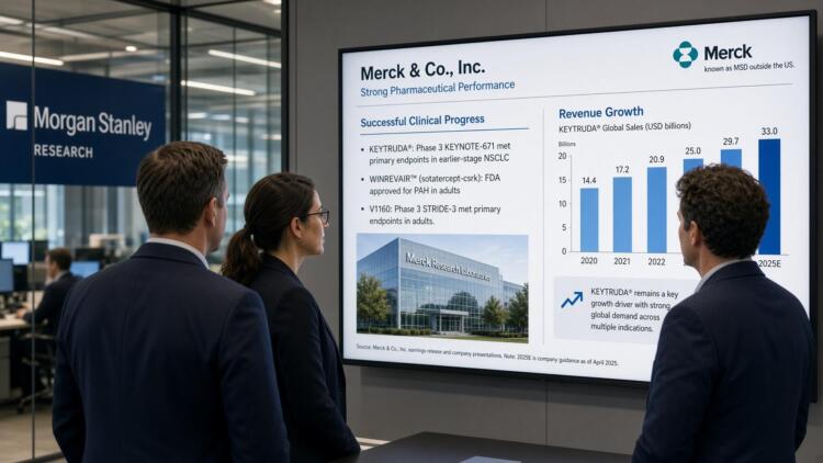 Tres profesionales observan una pantalla de Morgan Stanley con métricas financieras de Merck.