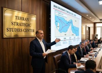 Hombre habla en una sala del Tehran Strategic Studies Center frente a pantalla y mapa.