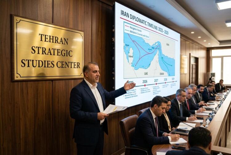 Hombre habla en una sala del Tehran Strategic Studies Center frente a pantalla y mapa.