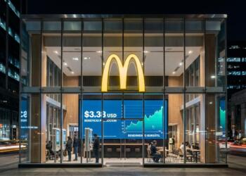 Fachada de cristal de un local de McDonald's con pantalla interior que muestra gráficos.